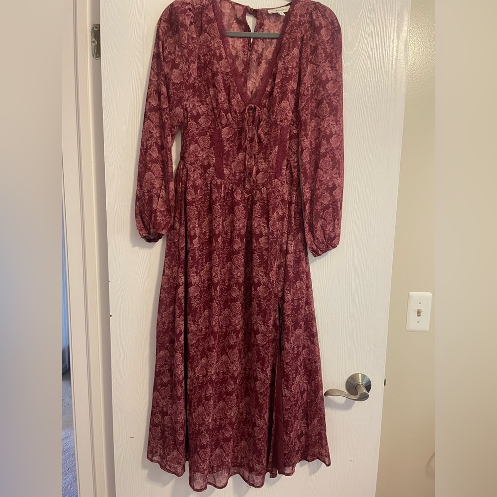 Francesca's Collections Burgundy Floral Tie-Front Maxi Dress